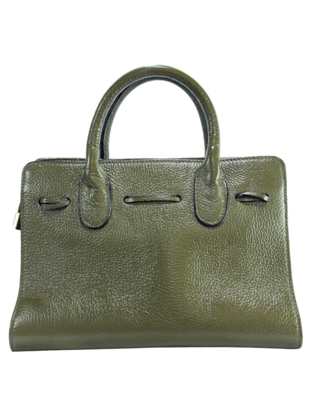 Green Pebbled Italian Leather Handbag Dual Handles Zip Closure - Picture 10 of 10